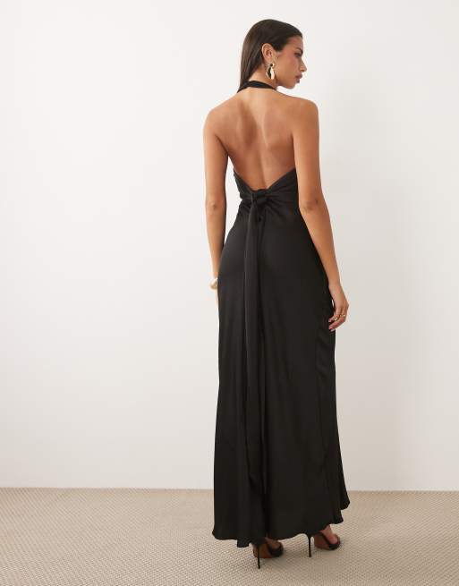 Forever New satin halter neck open back bias maxi dress in black, 3 of 4