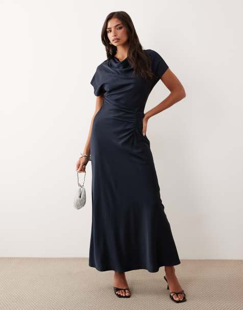 Forever New satin high neck tuck side detail bias maxi dress in navy - view 1