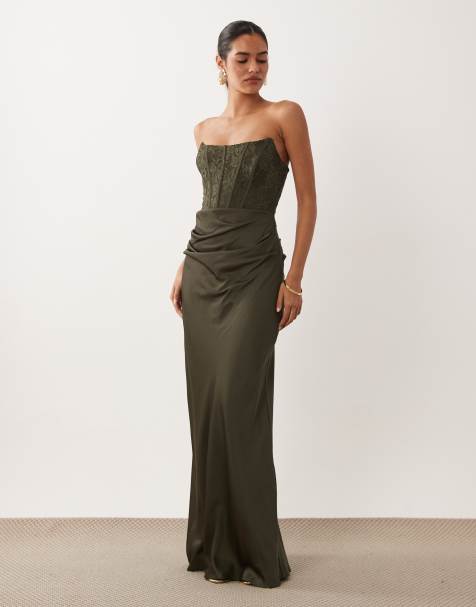 Forever New satin lace corset draped detail maxi dress in olive - view 1