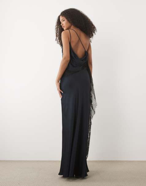 Forever New satin lace detail one shoulder bias maxi dress in navy - view 1