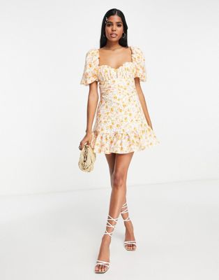 Forever New linen mini dress in ivory ditsy floral