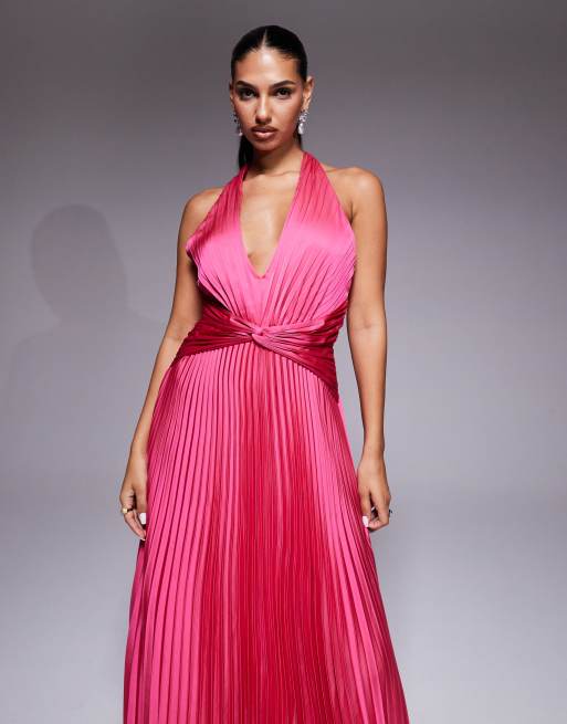 Forever New satin plunge halter neck maxi dress in fuchsia pink, 3 of 4