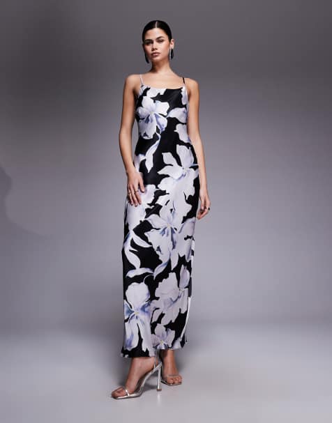 Forever New satin scoop neck cami slip maxi dress in blue floral - view 1