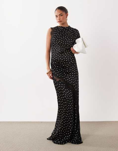 Forever New satin slash neck lace detail asymmetric skirt maxi dress in black spot - view 1