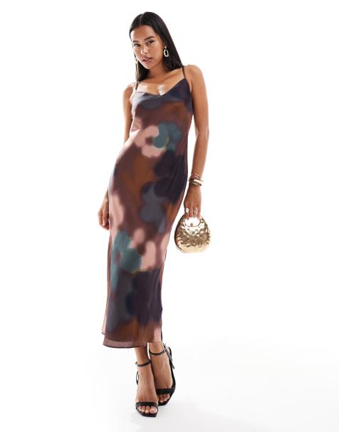 Forever New satin slip midaxi dress in blurred brown floral - view 1