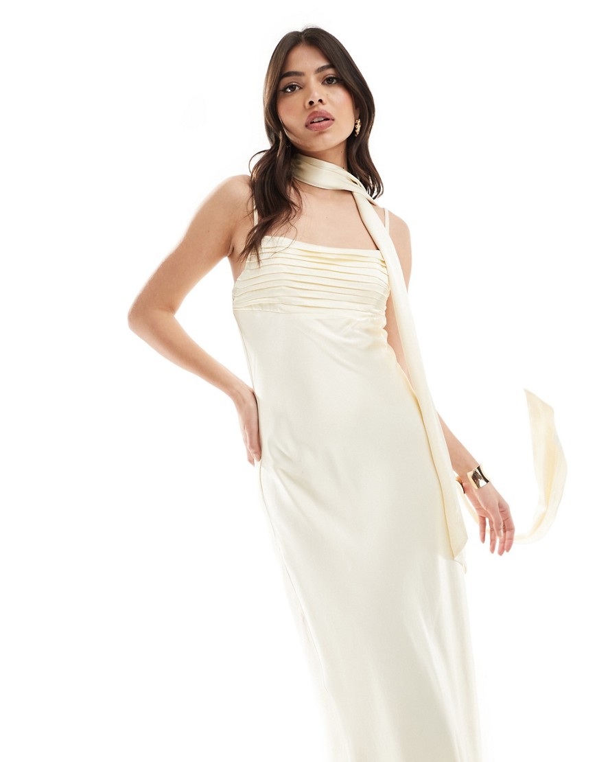 Forever New satin slip midaxi dress with neck tie in butter bean-White