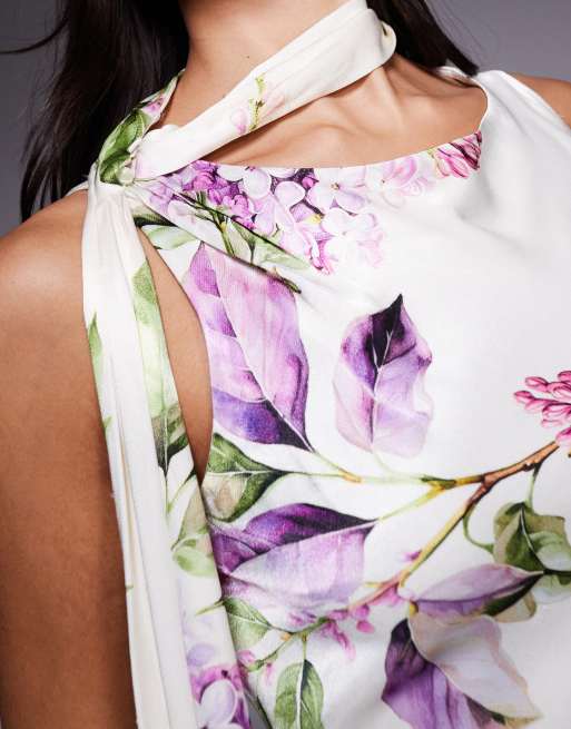 Forever New satin tassel scarf maxi dress in ivory floral print, 3 of 4