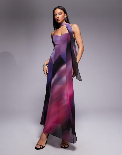 Forever New scarf neck cami strap hanky hem maxi dress in purple ombre - view 1