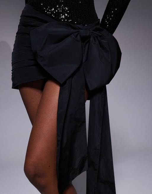 Forever New sequin bow drape mini dress in black, 4 of 4