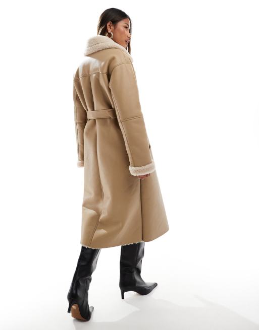 Forever New shearling belted faux fur coat in light camel, 4 of 4