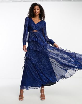 Forever New sheer sleeve cut-out plisse maxi dress in metallic cobalt - ASOS Price Checker