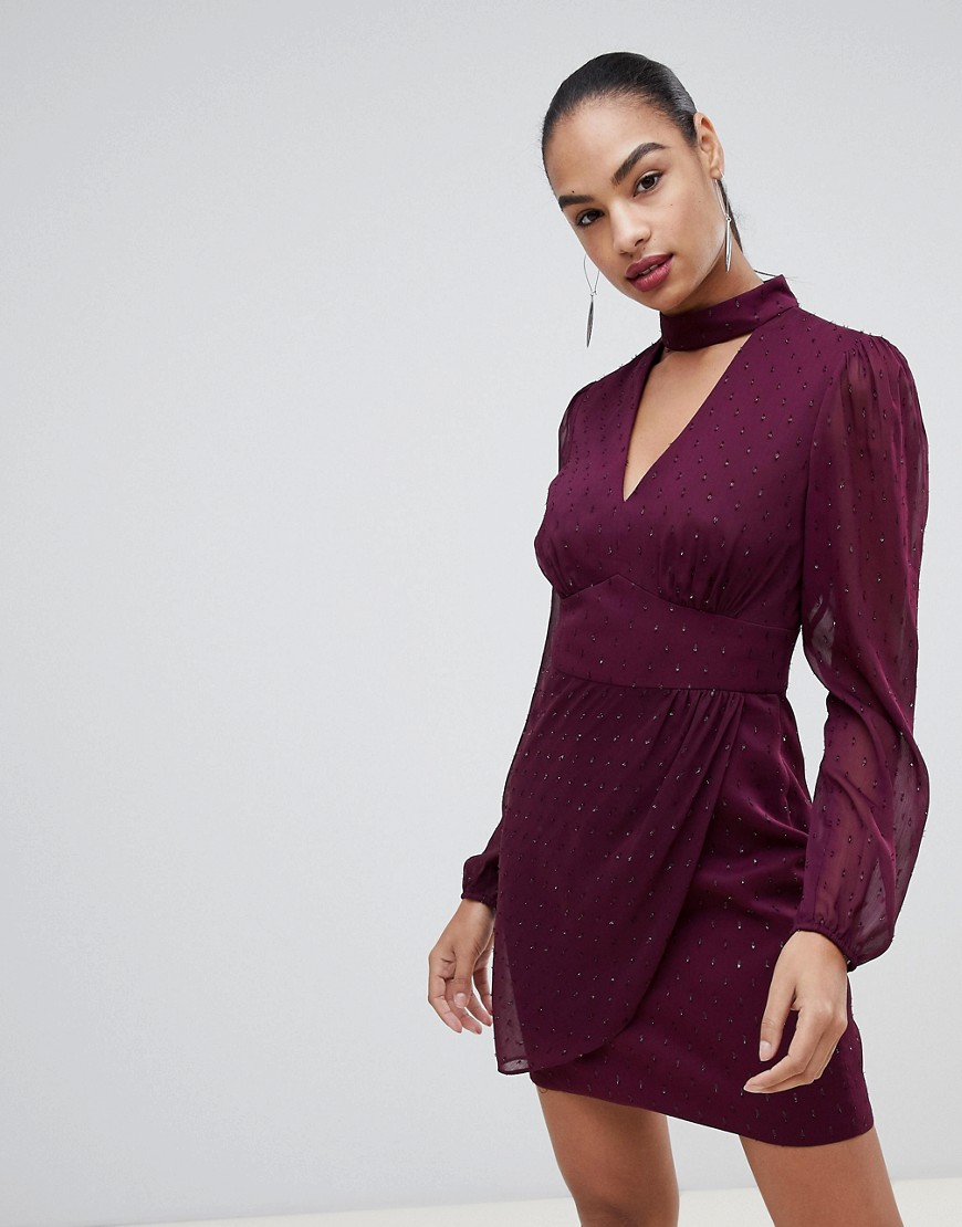 Forever New sheer spot wrap dress with choker detail in burgundy-Red