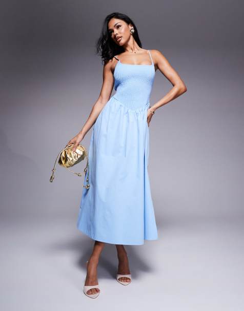 Forever New shirred drop hem midaxi dress in blue