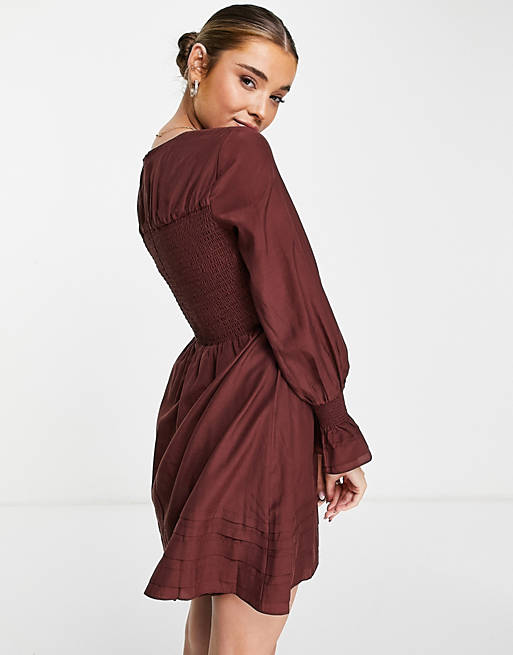 Forever New shirred mini dress in chocolate brown