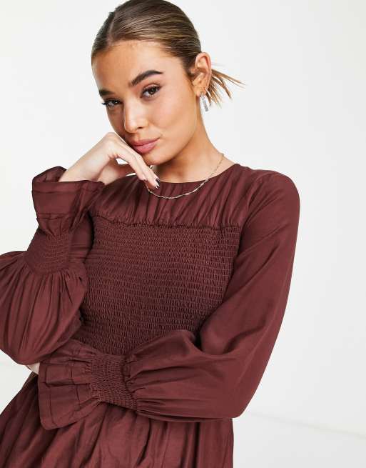 Forever New shirred mini dress in chocolate brown, 3 of 4