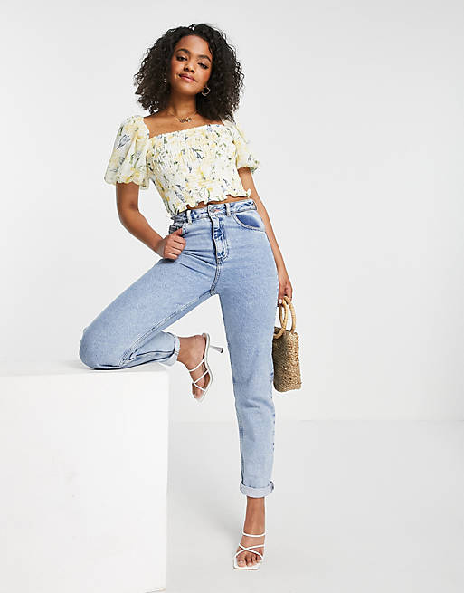 Forever New shirred puff sleeve crop top co-ord in yellow floral