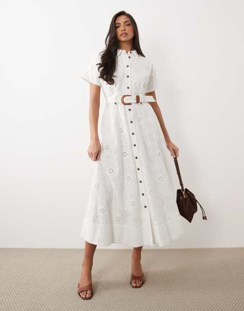 Forever New short sleeve broderie shirt belt detail midi dress in white - view 1