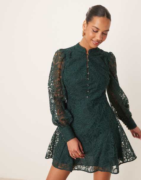 Forever new - Skater mini jurk met ballonmouwen en kant in groen - view 1
