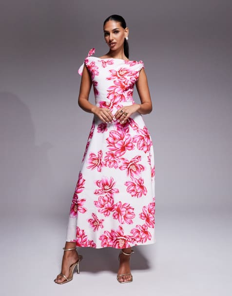 Forever New slash neck bow shoulder midaxi dress in pink floral