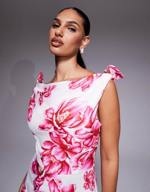 Forever New slash neck bow shoulder midaxi dress in pink floral, 2 of 4