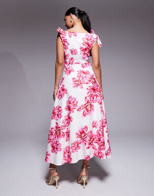Forever New slash neck bow shoulder midaxi dress in pink floral, 3 of 4