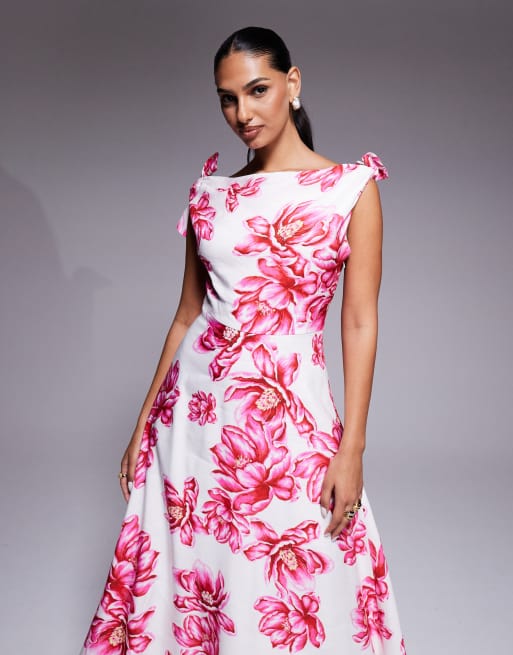 Forever New slash neck bow shoulder midaxi dress in pink floral, 4 of 4
