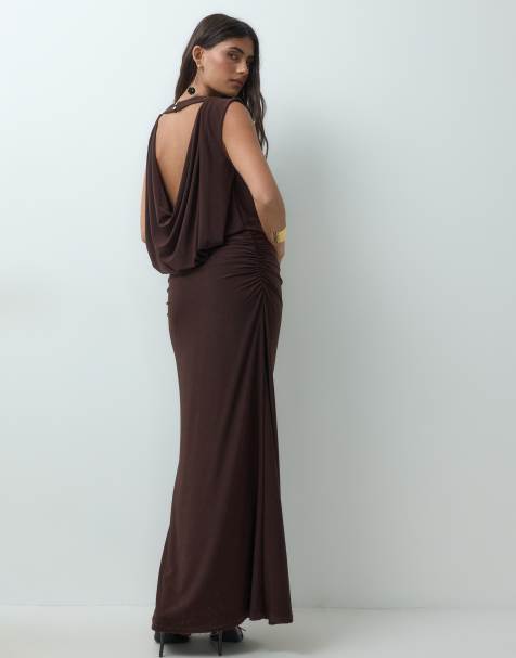 Forever New slash neck open cowl back ruched maxi dress in chocolate
