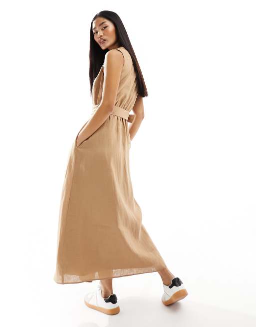 Forever New sleeveless belted linen shirt dress in brown, 3 of 4