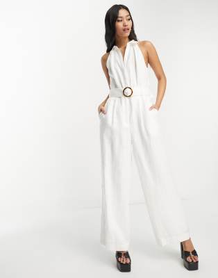 Forever New Forever New sleeveless jumpsuit with belt in ivory-White