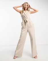 ASOS DESIGN tailored short sleeve tux belted jumpsuit in stone