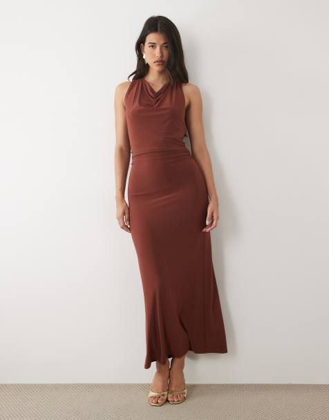 Forever New slinky cowl neck draped hardware back detail dress in rust - view 1