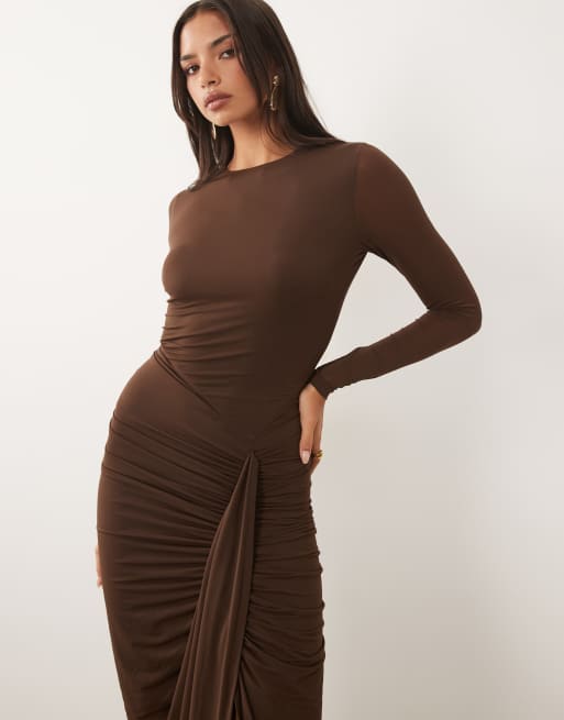 Forever New slinky high neck drape detail maxi dress in chocolate, 2 of 4