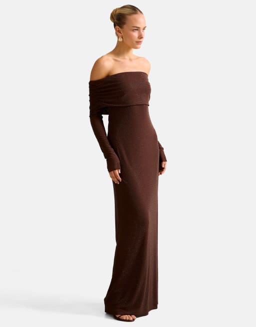 Forever New slinky hotfix fold over bardot maxi dress in chocolate, 4 of 4