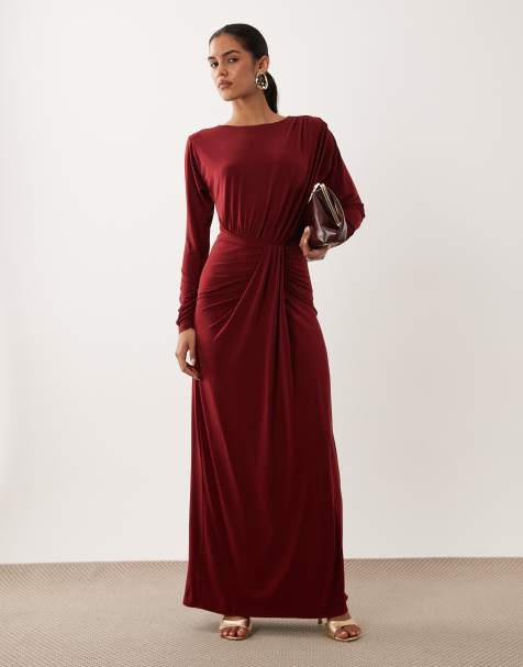 Forever New slinky long sleeve drape detail maxi dress in berry - view 1