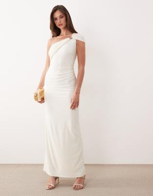 Forever New slinky one shoulder hardware detail maxi dress in cream-White