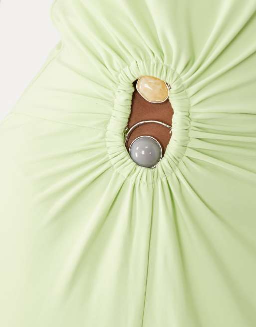 Forever New slinky slash neck beaded hardware detail maxi dress in lime, 3 of 4