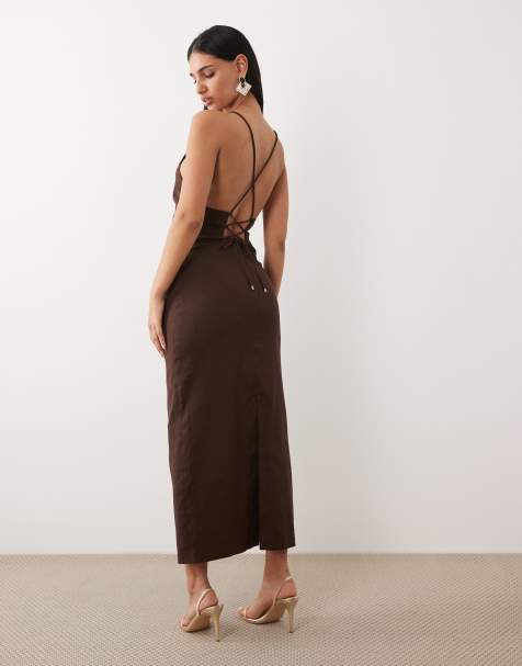 Forever New stretch linen mix corset back midi dress in chocolate - view 1