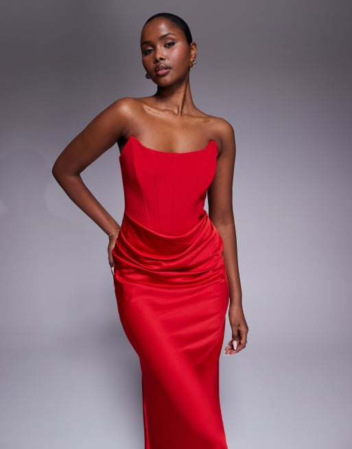 red dress corset Aderyn Satin Maxi Luxurious soft satin with subtle ruching Neckline TA3 Vixen Corset Maxi Dress