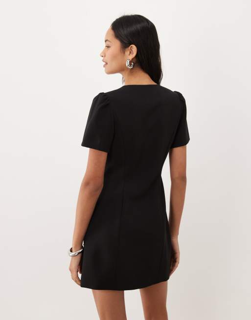 Forever New structured puff sleeve button down mini dress in black, 3 of 4