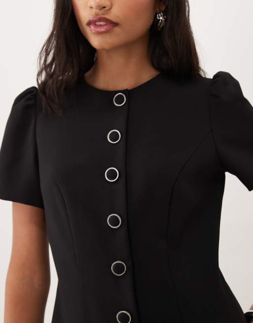 Forever New structured puff sleeve button down mini dress in black, 4 of 4