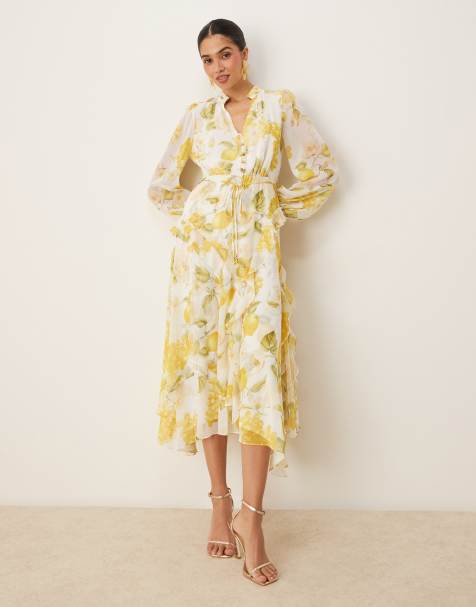 Forever New asymmetric ruffle midaxi dress in lemon print