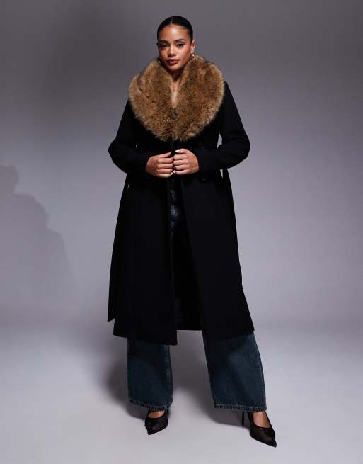 Forever New – Svart och kamelbrun finkappa med krage med avtagbar fuskpäls i ylletyg