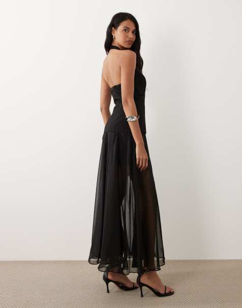Forever New tailored hook and eye halter neck chiffon mix maxi dress in black