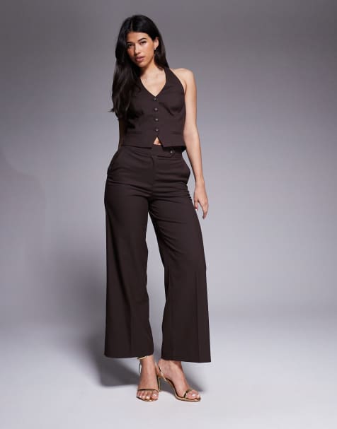 Forever New tailored tab front cropped wide leg trouser co-ord in chocolate brown - view 1