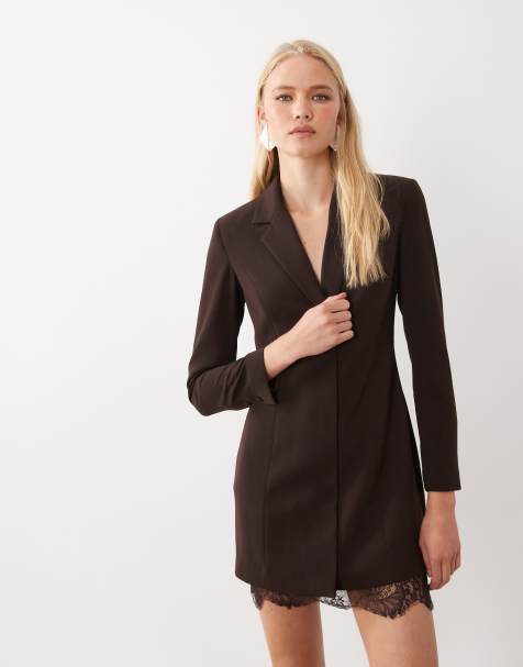 Forever New tailored v-neck lace hem blazer with belt mini dress in chocolate - view 1