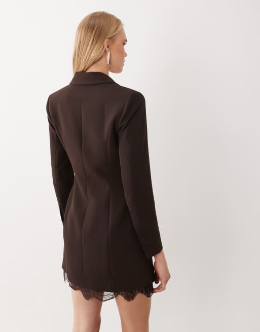 Forever New tailored v neck lace hem blazer with belt mini dress in chocolate, 3 of 4