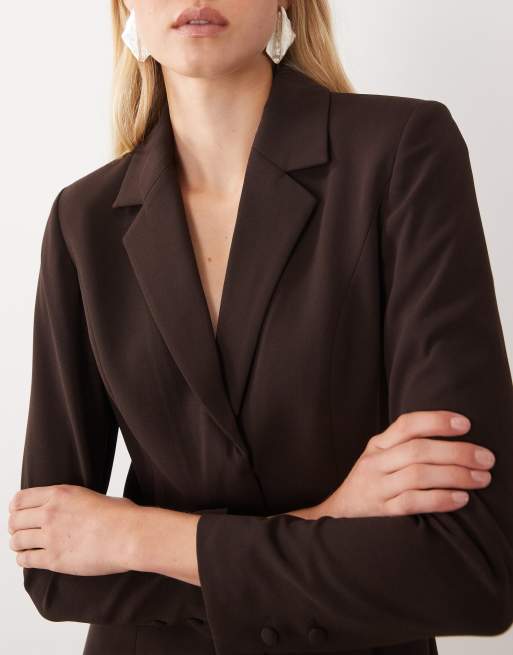 Forever New tailored v neck lace hem blazer with belt mini dress in chocolate, 4 of 4
