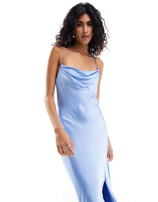 Forever New tie back satin slip maxi dress in blue ASOS