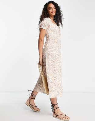 Forever New Forever New tie bust split midi tea dress in ivory floral-White