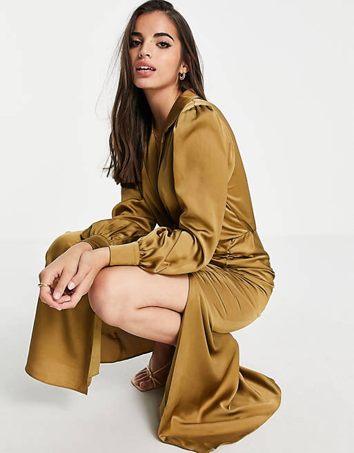 Forever New tie front ruched shirt midi dress in olive